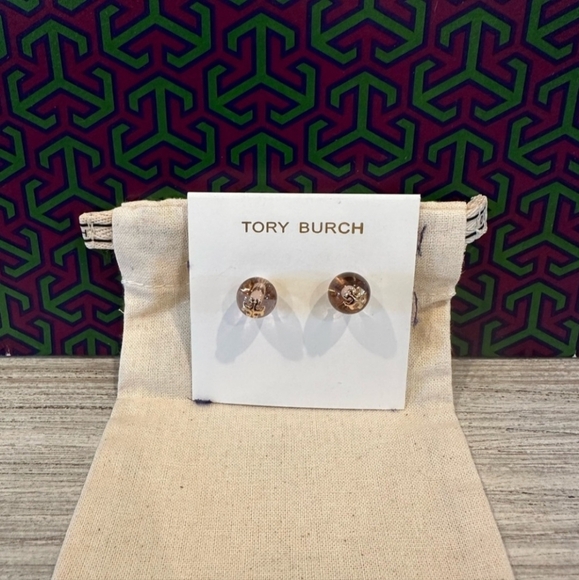 Authentic Tory Burch Resin Logo Gold Stud Earrings With Dust Bag - Picture 3 of 7